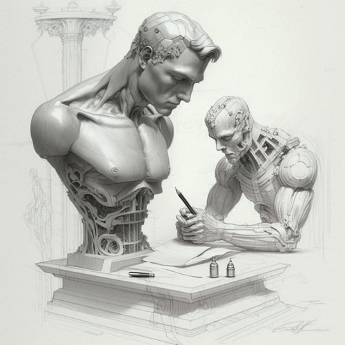 Drawing of a robot sculpting a marble head bust of a man
